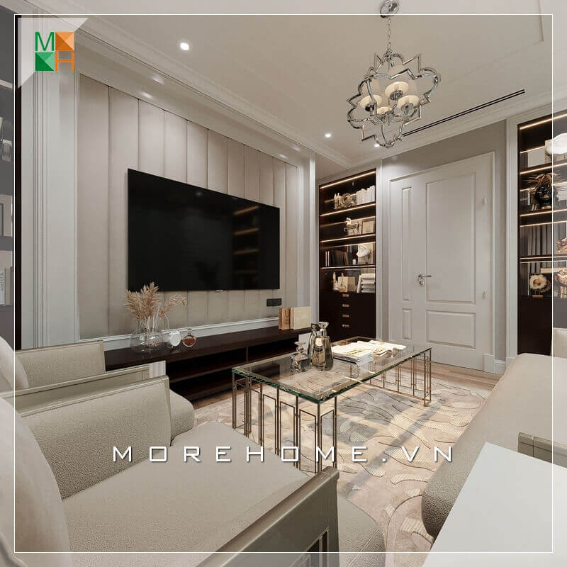Giới thiệu mẫu sofa phòng khách đẹp cao cấp bọc nỉ màu kem sữa đẹp kết hợp với chiếc bàn kính sang trọng và đẳng cấp. Thiết kế tường treo TV rất sáng tạo ấn tượng với những chi tiết phào nổi đầy tinh tế. Kệ TV hiện đại cũng là một điểm nhấn giúp căn phòng trở nên đẳng cấp hơn. Thiết kế phòng khách biệt thự