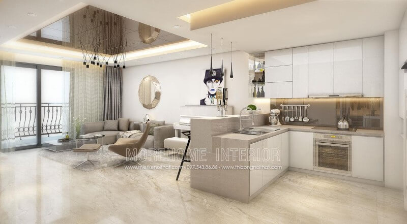 Tủ bếp gỗ Acrylic màu trắng tinh tế, cùng tone màu với không gian sinh hoạt chung khác tạo nên sự đồng nhất, sang trọng mà không bị rối mắt Tủ bếp gỗ công nghiệp và tủ bếp acrylic