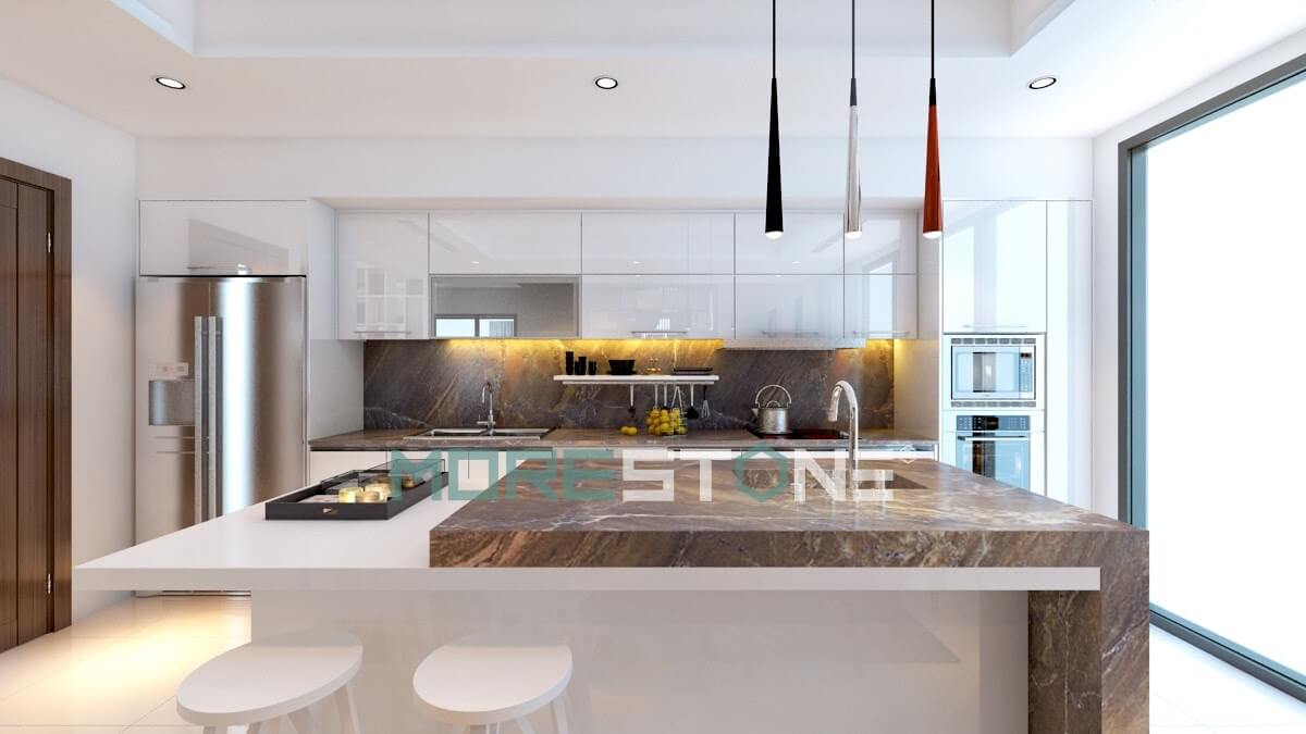 Xu hướng mới gia chủ sử dụng đồng bộ mặt bếp và tường bếp bằng ốp đá để tăng tính thẩm mỹ, hợp vệ sinh trong thiết kế bếp đá ốp bếp cao cấp