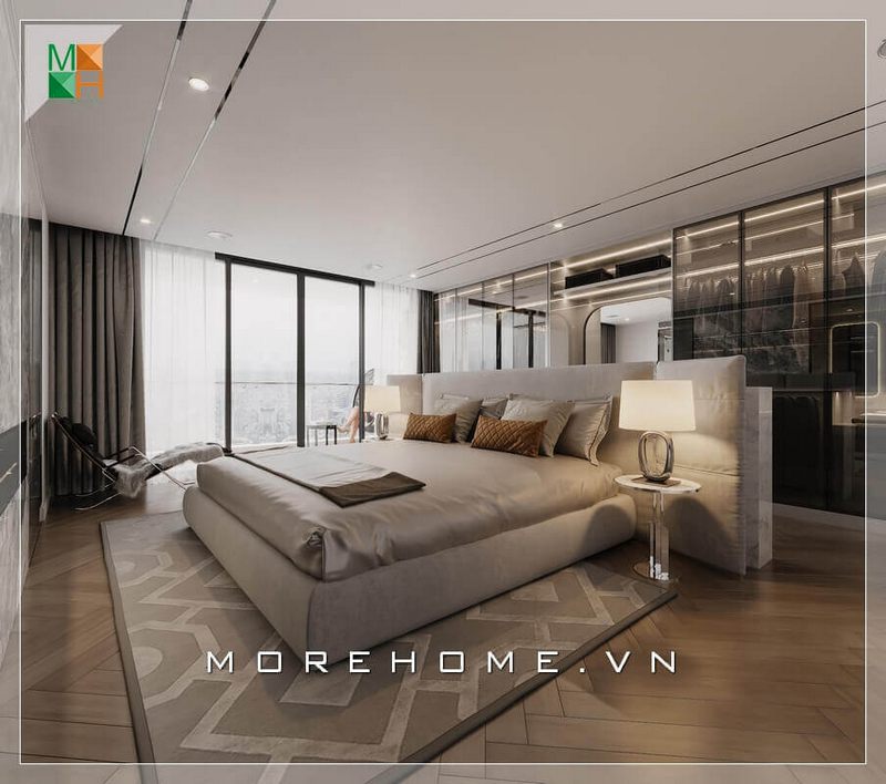 Mẫu giường ngủ hiện đại, cao cấp, đầu giường bọc nệm rất tiện nghi tăng độ sang trọng cho căn phòng ngủ.