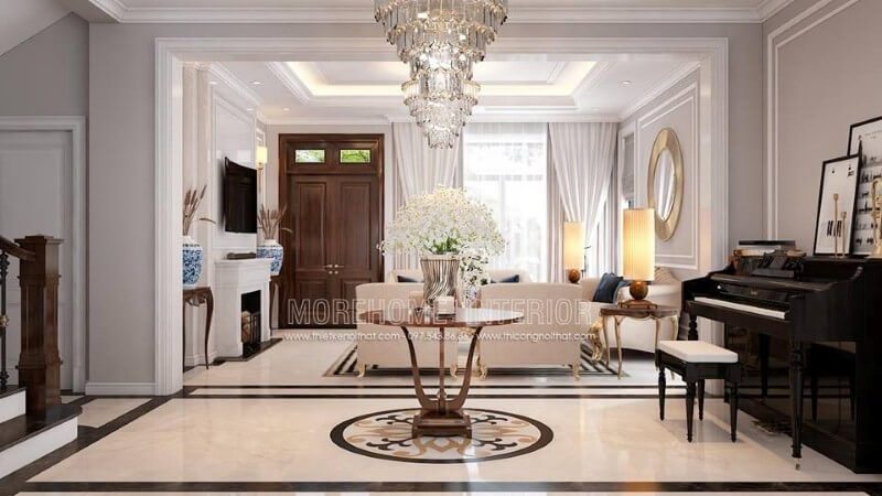 Trang trí nội thất phòng khách tân cổ điển có đàn piano đẹp, sang trọng tại biệt thự Palm Garden.