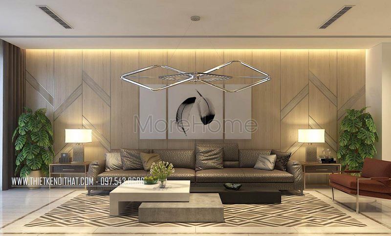 Kiến trúc sự kết hợp khéo léo với mảng tường ốp đá tự nhiên màu sáng cho màu sắc phòng khách hài hòa hơn