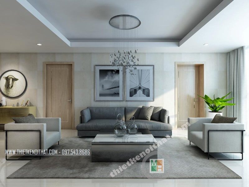 Phòng khách chung cư hiện đại với bộ sofa vải màu xám và trắng mang đến vẻ đẹp đơn giản, tinh tế cho căn phòng.