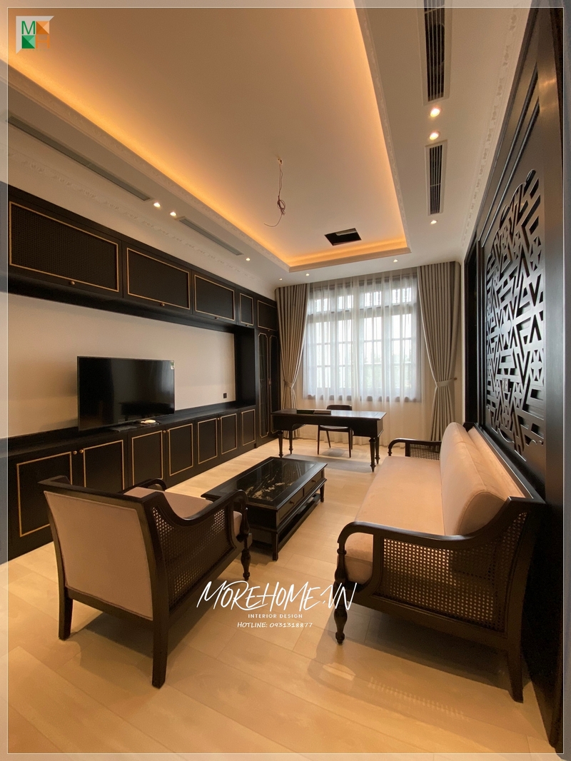 Thi công tủ kệ tivi phòng khách phong cách indochine tiện lợi cho sử dụng, tô điểm thẩm mỹ cho không gian phòng
